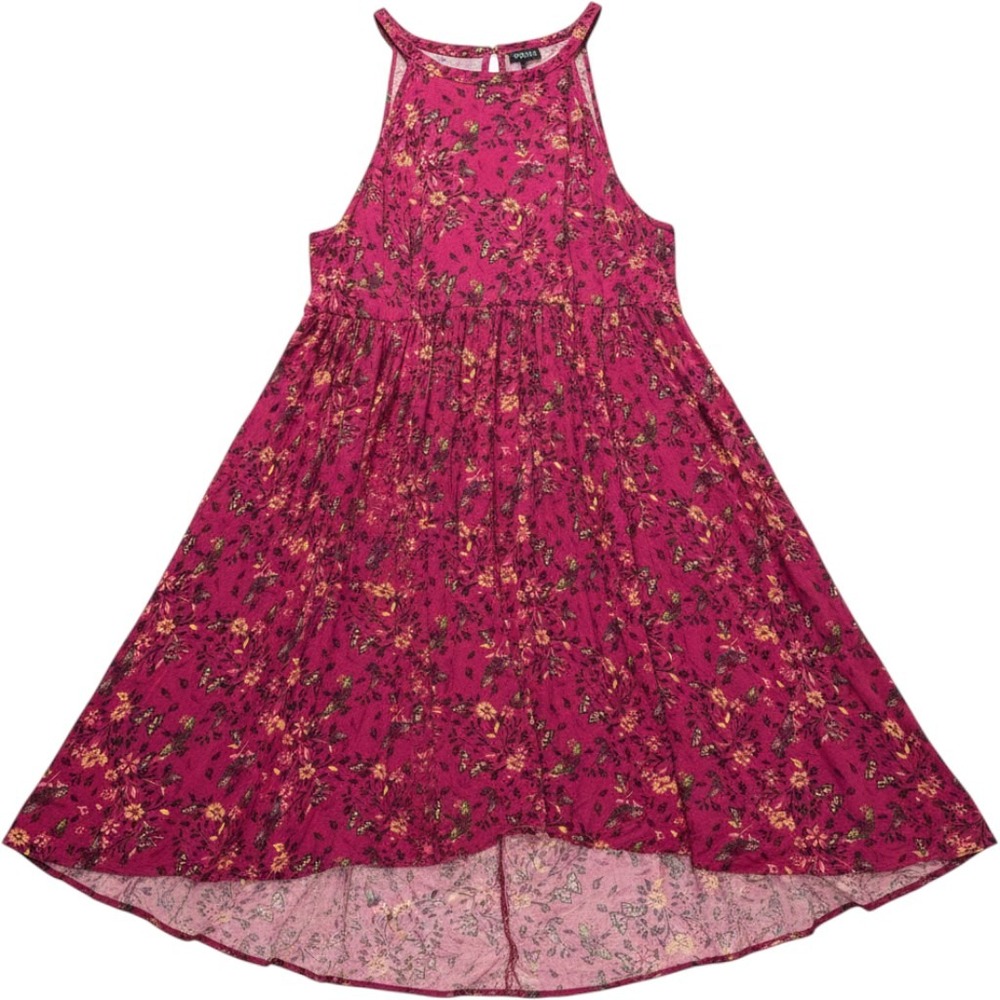 Torrid Dress Women 1 Pink Floral Butterfly High Low Sleeveless Halter Rayon
